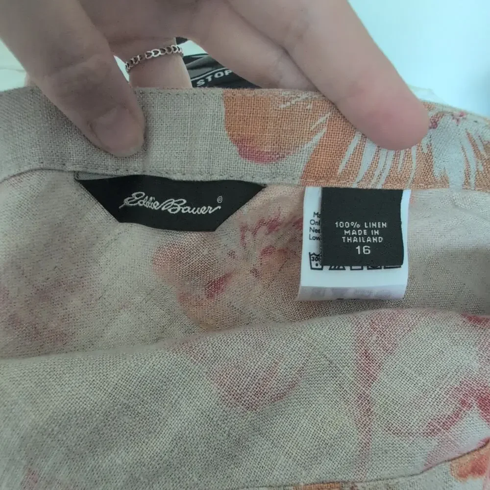 Vintage Eddie Bauer Linen‎ Wrap Skirt Womens 16 - Floral 90s Beige Pink Cottage